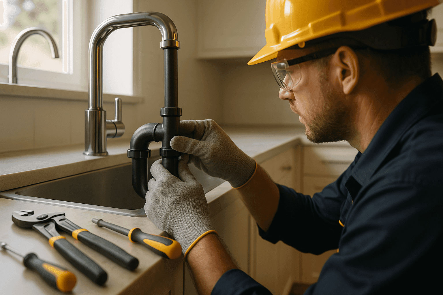Plumber wearing gloves and safety gear tightening pipe under kitchen sink in clean home