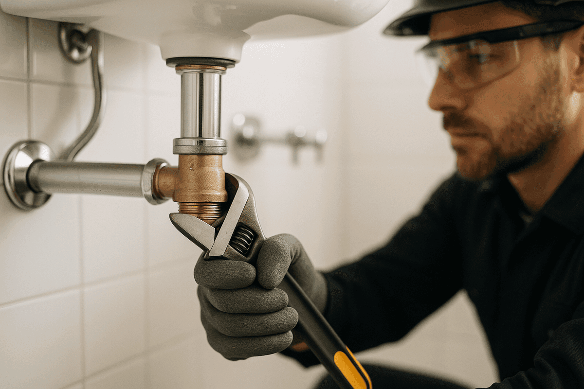 Close-up of plumber’s gloved hands tightening brass pipe fitting in tidy residential bathroom